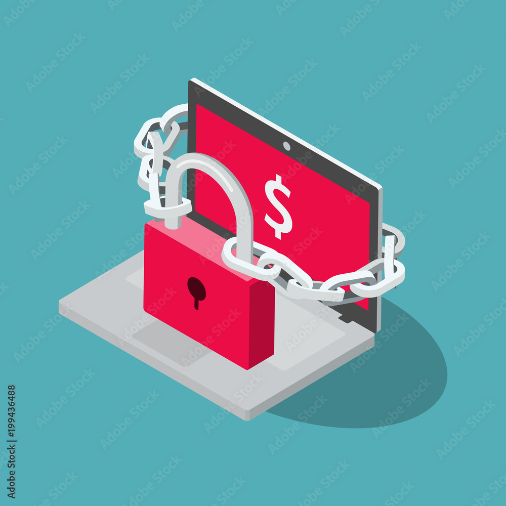 Poster Ransomware vector symbol with laptop, red padlock and chain isolated on blue background. Flat design, easy to use for your website or presentation.