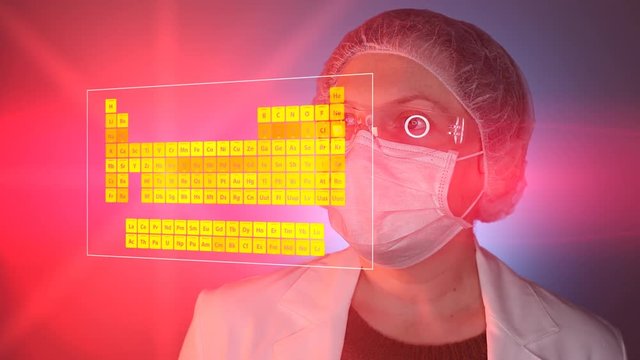 Scientist looking at periodic table of elements on virtual screen, conceptual animation for chemical science