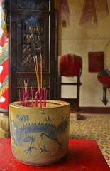 Incense burning in the Cantonese Assembly Hall, also known as Quang Trieu, built by Cantonese merchants in 1885 in the historic UNESCO listed central Vietnamese town of Hoi An
