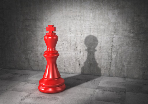 Vanity concept. King of chess cast shadow in form of pawn. 3d illustration