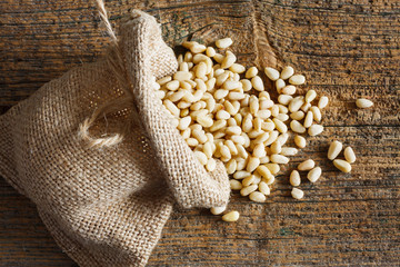 Pine nuts in small sack