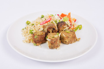 Thai tempeh with coriander and rice on a white