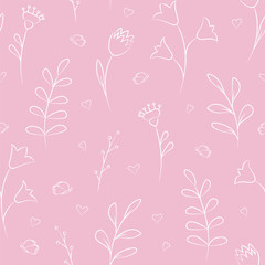 Fototapeta na wymiar Floral seamless pattern with white hand drawn flowers on a pink background. Vector.