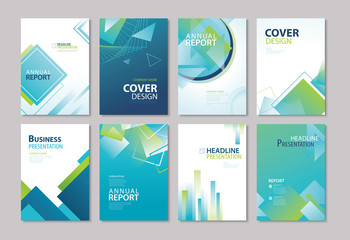 Set of blue cover annual report, brochure, design templates. Use for business magazine, flyer, presentation, portfolio, poster, corporate background.