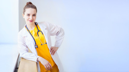 Concept health banner for advertising. Doctor beautiful medical Student in library background