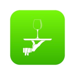 Waiter hand holding tray with wine glass icon digital green