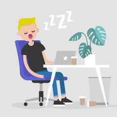Young exhausted employee sleeping on a workplace. Nap. Office. Flat editable vector illustration, clip art