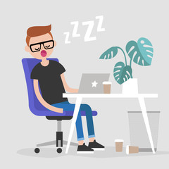 Young exhausted employee sleeping on a workplace. Nap. Office. Flat editable vector illustration, clip art