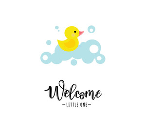 Vector illustration of a baby shower Invitation with a cute yellow duck