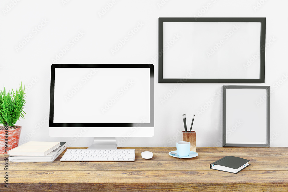 Poster Computer display blank screen and office tools on desk in modern creative workspace