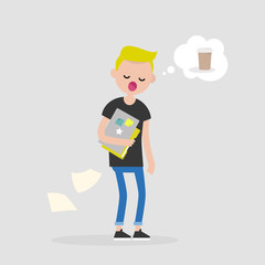 Young sleepy manager dreaming about coffee. Morning at the office. Daily life. Flat editable vector illustration, clip art