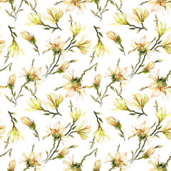 Obraz premium Seamless pattern made of yellow magnolia flowers on a branch on white background. Watercolor painting. Hand painted.