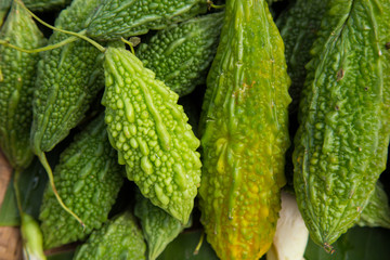 Healthy herbs Bitter melon, Balsam pear, Bitter cucumber, Bitter gourd.Organic Bitter gourd in the basket.