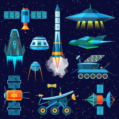 Rocket vector spaceship or spacecraft and satellite or lunar-rover illustration set of spaced ship in universe space isolated on background © partyvector