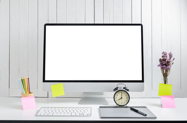 workplace background for designers with Blank white screen modern desktop computer.