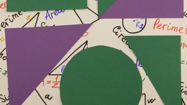 Two-dimensional geometric shapes against the background of mathematical terms