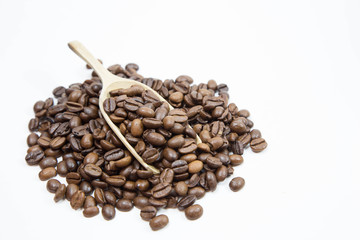 Coffee beans with scoop on white background, Isolated.