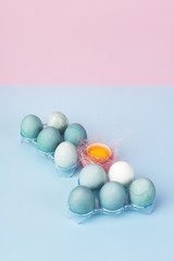 Yolk in eggshell decorated with pink sisal nest and several blue eggs in plastic egg boxes on the minimalist blue and pink background