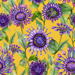Beautiful purple African daisy flowers with green leaves on yellow background. Seamless bright floral pattern. Watercolor painting. Hand painted illustration.