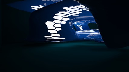 Abstract blue and black parametric interior with window. 3D illustration and rendering.