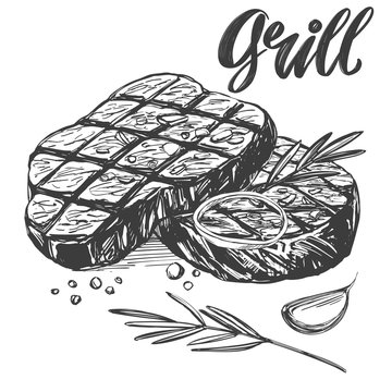 food meat, steak, roast set, calligraphic text, hand drawn vector illustration realistic sketch