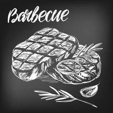 food meat, steak, roast set, calligraphic text, hand drawn vector illustration realistic sketch, , drawn in chalk on a black board