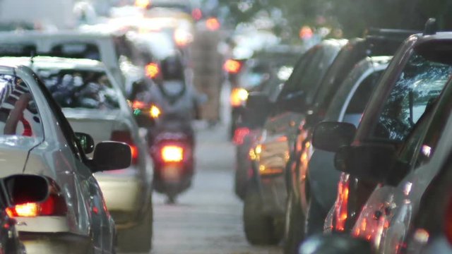 Traffic Jam in the city. Dusk.