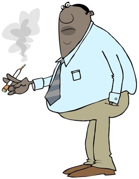 Illustration of a black office worker taking a smoke break with a lit cigarette in his hand.