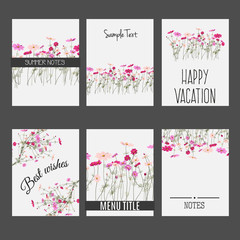 Fototapeta na wymiar Vector set of invitation cards with wild summer field flowers elements and calligraphic letters. Suitable for wedding collection, summer sale design projects