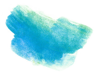 watercolor blue spot element for design with color overflow green blue on white background isolated.