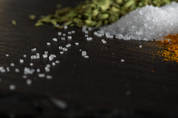 the sea salt crystals closeup on stone