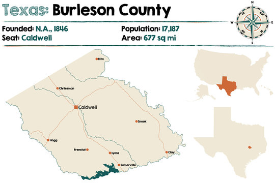 Detailed map of Burleson county in Texas, USA