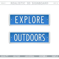 Explore. Outdoors. Signboard in style car license plate. Top view. Vector design elements