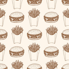 Seamless pattern with burger and french fries. Illustration of fast food