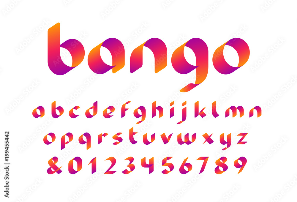 Poster ribbon font. vector alphabet with lowercase letters and numbers.