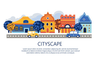 Cityscape vector illustration. Lovely city skyline with a road, cars, houses, trees