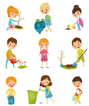 Cute kids gardening and picking up garbage set, boys and girls planted and watering young trees vector Illustrations on a white background