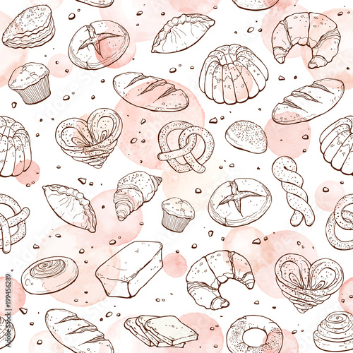 Bakery Doodle Background Vector Seamless Pattern With Pastry