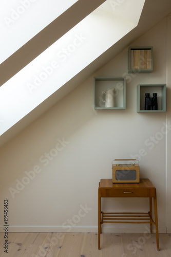 Modern Retro Design In A Attic Loft Shelves With Ornaments And Modern Retro Design In A Attic Loft Shelves With Ornaments And Small Vintage