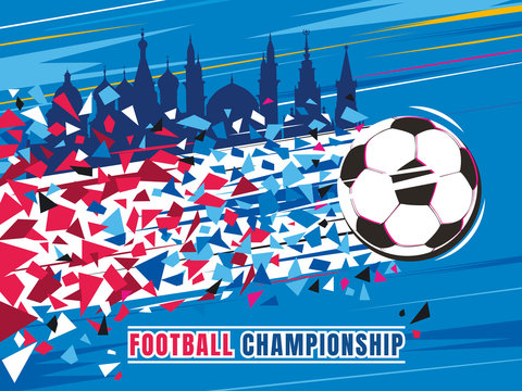 Football championship concept vector illustration. Flying soccer ball with trace and buildings.