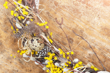 Easter egg flower wreath closeup with copyspace. Handmade composition 