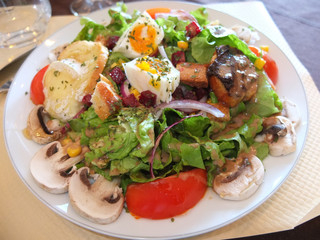 healthy salad with eggs tomatoes onions cheese mushrooms and greens