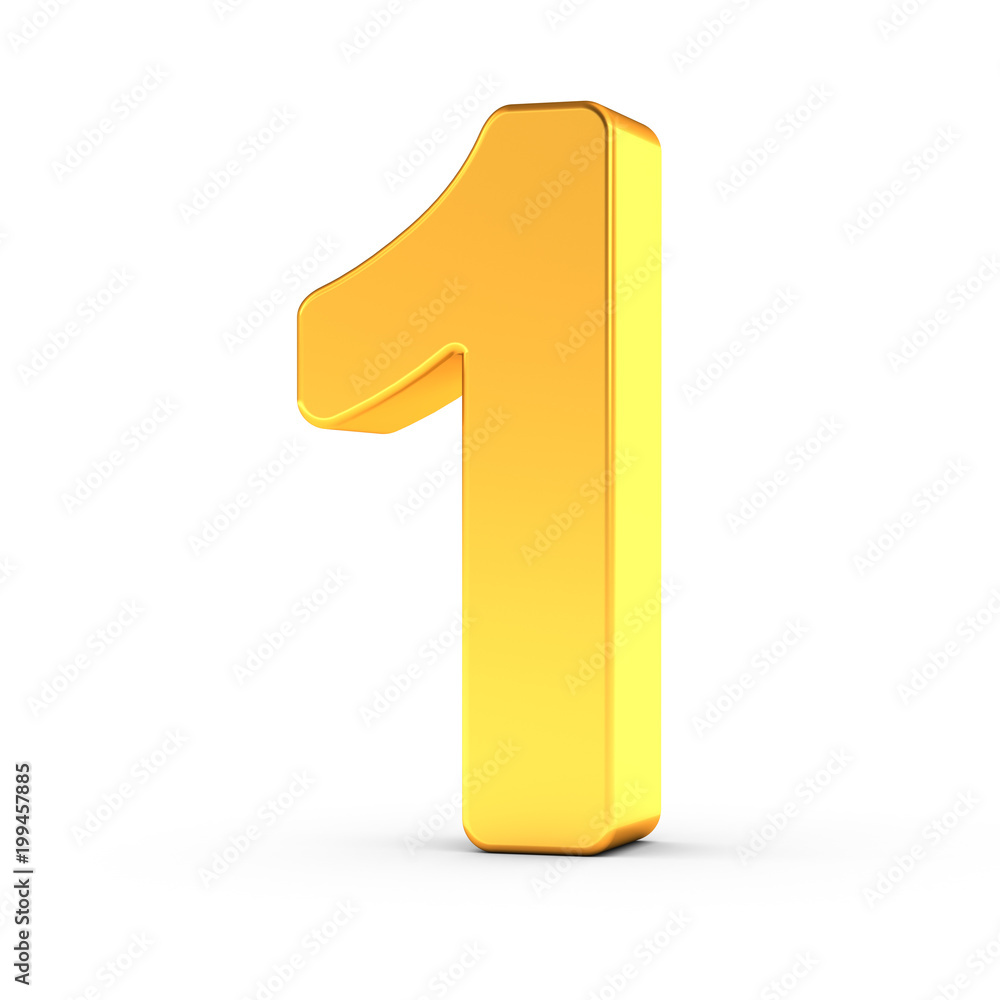Poster the number one as a polished golden object with clipping path