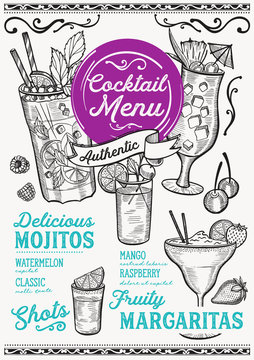 Cocktail bar menu. Vector drinks flyer for restaurant and cafe. Design template with vintage hand-drawn illustrations.