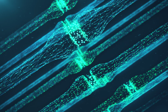 3D Rendering Blue Glowing Synapse. Artificial Neuron In Concept Of Artificial Intelligence. Synaptic Transmission Lines Of Pulses. Abstract Polygonal Space Low Poly With Connecting Dots And Lines