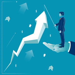 Businessman standing on helping hand and lifting profit arrow. Business concept vector illustration