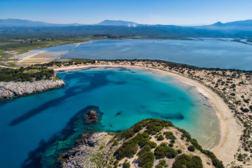 Panoramic aerial view of voidokilia beach, one of the best beaches in mediterranean Europe,...