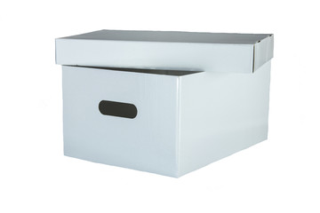 White opened cardboard box with handhold isolated on white, transport concept