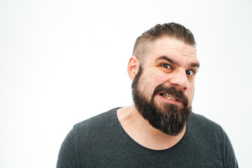 Obraz premium Closeup portrait of angry, mad, annoyed, skeptical, grumpy man, employee, worker isolated on white background. Human emotions, face expressions, reaction, interpersonal conflict resolution