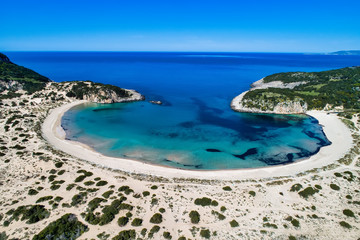 Panoramic aerial view of voidokilia beach, one of the best beaches in mediterranean Europe,...